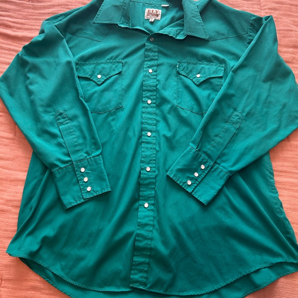 Pearl snap, Ely Cattleman pearl snap, vintage pearl snap, teal pearl snap